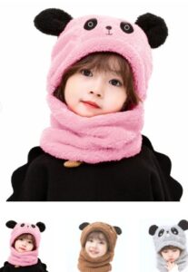 kids winter panda wool cap with neck warmer – warm and cozy cartoon panda design baby cap for winter protection (random color)