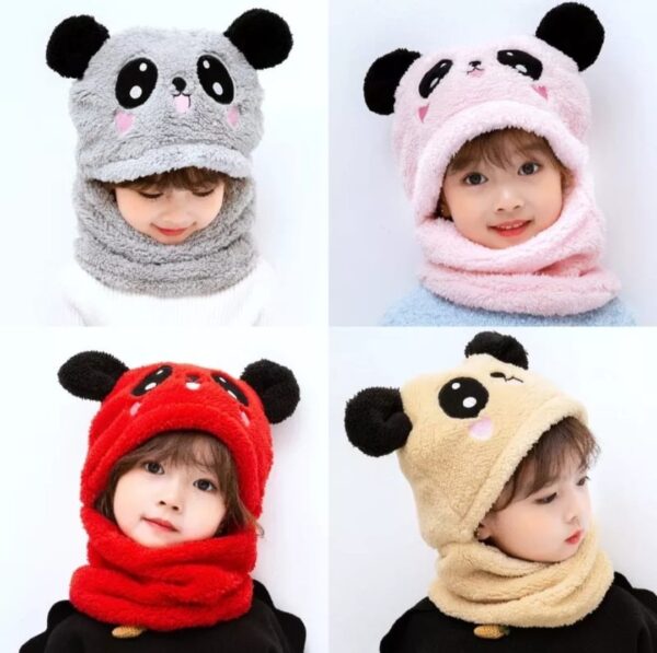 kids winter panda wool cap with neck warmer – warm and cozy cartoon panda design baby cap for winter protection (random color)