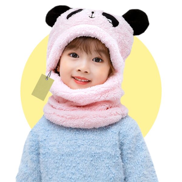 kids winter panda wool cap with neck warmer – warm and cozy cartoon panda design baby cap for winter protection (random color)