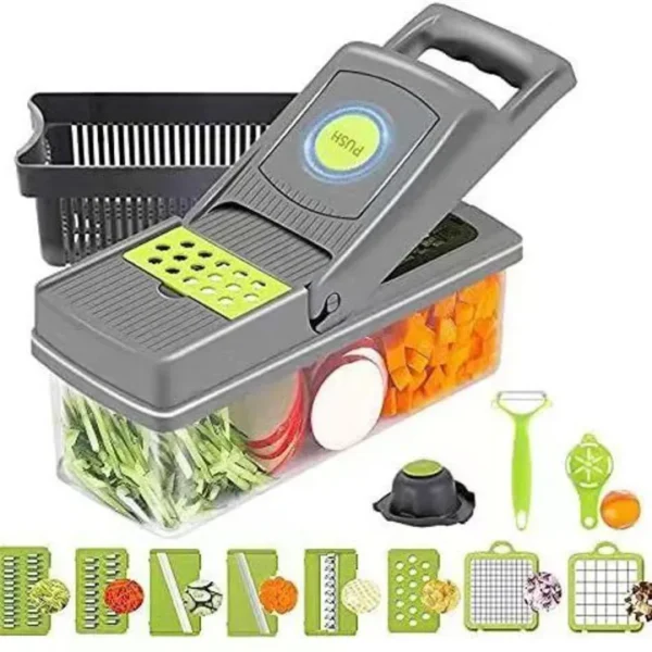 16 in 1 multifunctional vegetable chopper & slicer with colander basket and storage container – heavy duty food cutter & dicer for onion, potato, carrot, garlic & more